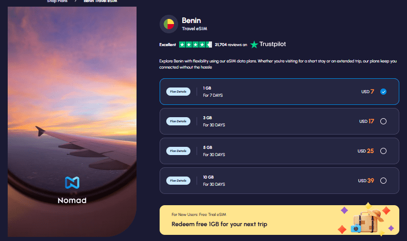 nomad homepage, esim for benin