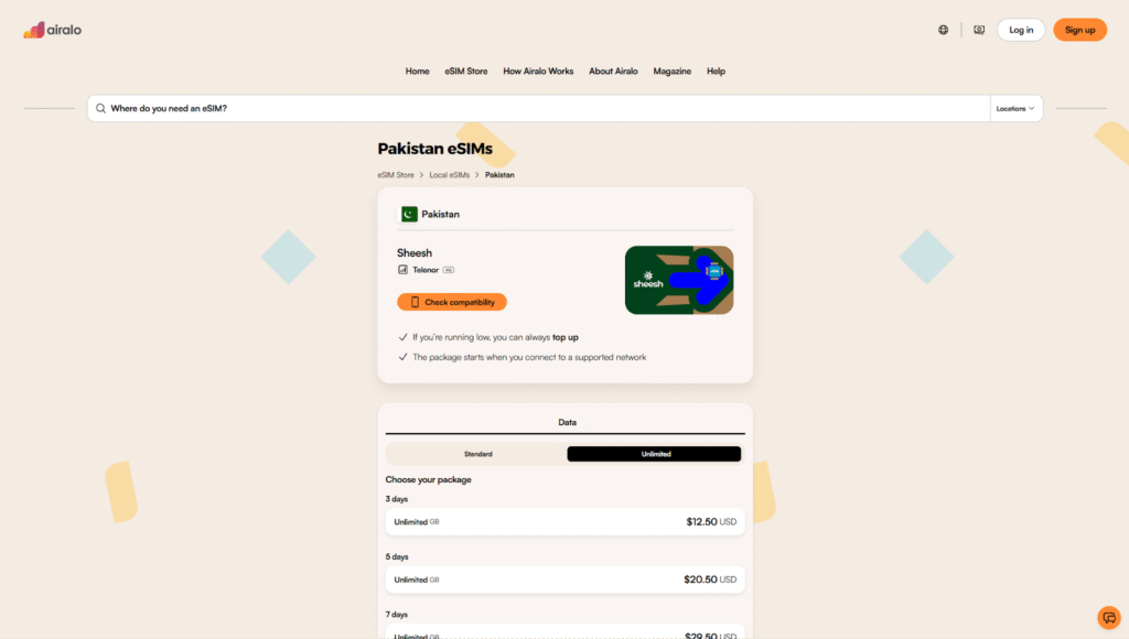 airalo homepage, pakistan esim