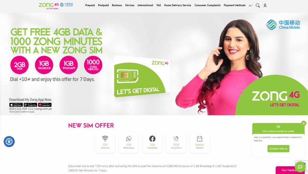 zong homepage for pakistan sim card