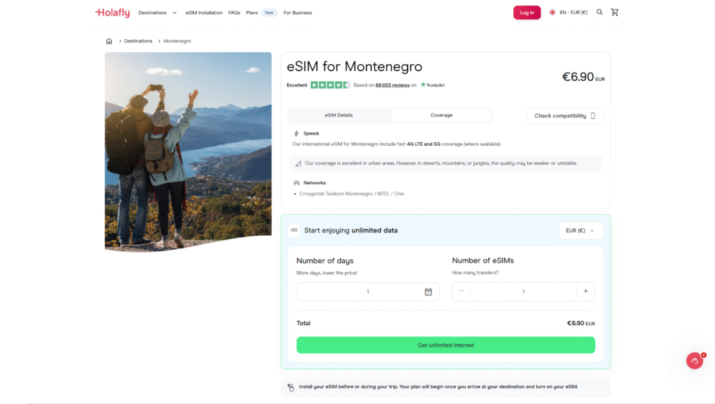 holafly montengro page, esim for montenegro