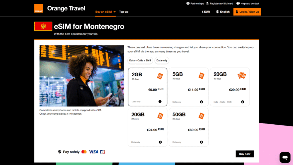 orange homepage esim for montenegro
