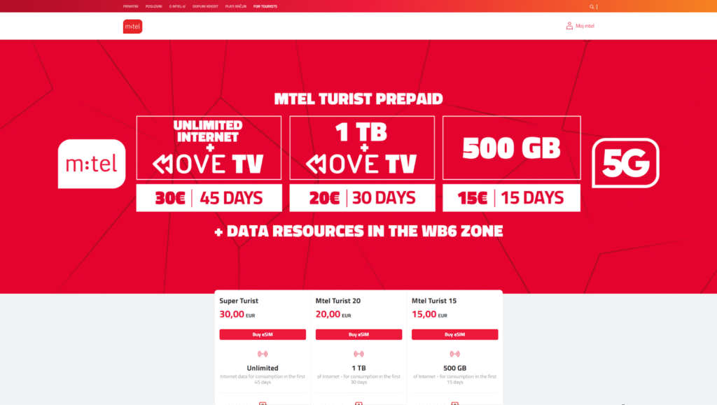 mtel homepage, montengro esim